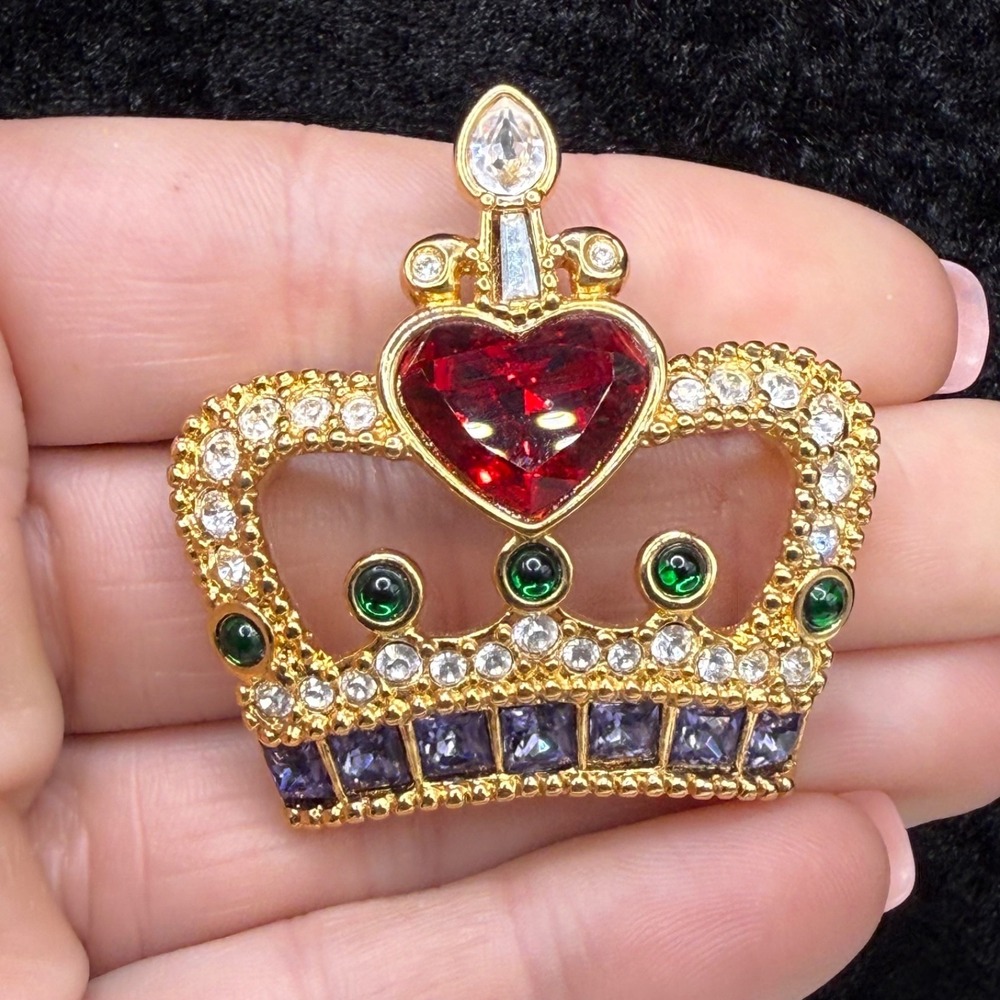 Vintage Swarovski Crown Brooch Gold Tone Heart Green Purple